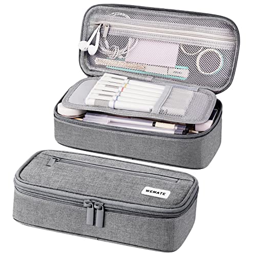 WEMATE Large Pencil Case Aesthetic,Big Capacity Canvas Pencil Pouch with Zipper, Pencil Case for Women & Men, Marker Pen Case,Portable Stationery Pencil Bag for Office Light Grey