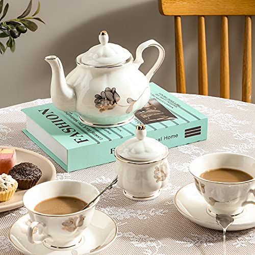 CHENP.HMC Tea Set 22-Piece Porcelain Ceramic Coffee Tea Sets Cups Saucer Service for 6 Teapot Sugar Bowl Creamer Pitcher and Teaspoons Porcelain Tea Set(Dark Green)