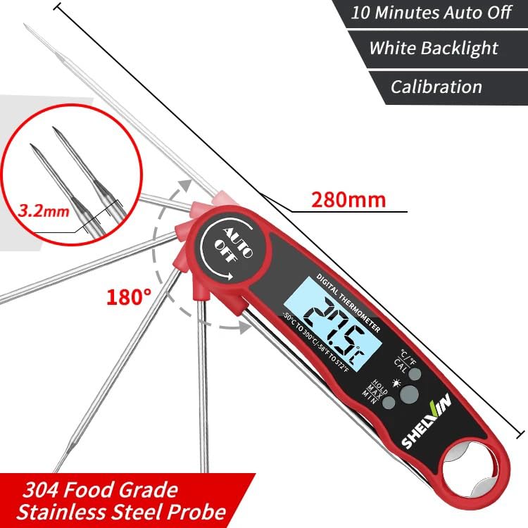 Digital Meat Thermometer with Bottle Opener - Waterproof Magnetic Instant Read Temperature Folding Probe for Cooking Hot Food Oil Fryer BBQ Grill Smoker Candy Liquids Beef Chicken Lamb Fish Pork