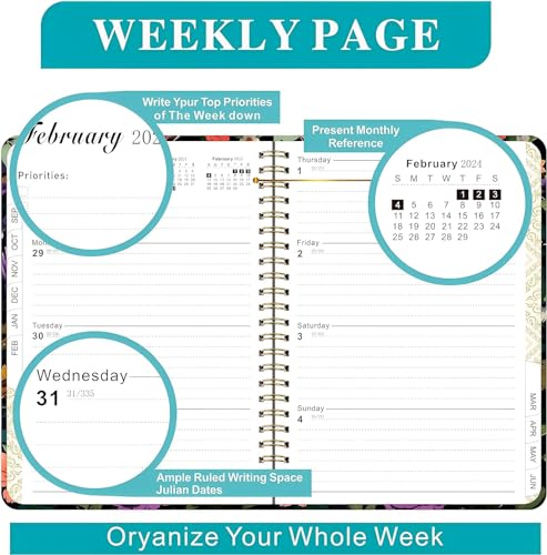 2024 Planner, 12-Month Weekly Monthly Planner from JAN.2024 to DEC.2024, 8.5" X 6.4", 2024-2025 Hardcover Planner Notebook with Spiral Bound, Stickers & Sticky Index Tabs (A Flower)