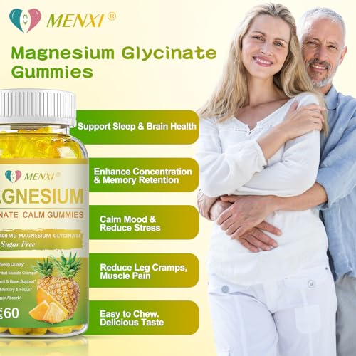 Magnesium Glycinate Gummies 400mg, Sugar Free Magnesium Taurate, Magnesium Malate Supplement with Vitamin D, B6, CoQ10 for Relaxation, Stress Relief, Muscle, Bone & Sleep Support- 60 Pineapple Gummies