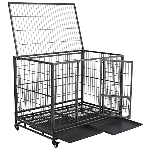 Yaheetech 42-inch Dog Crate Heavy Duty Metal Dog Crate for The House Indoor Dog Kennel for Small/Medium/Large Dogs w/Double Doors & Locks & Double Tray & Lockable Wheels Pet Cage Black