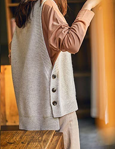 HangNiFang Women's Round Neck Sleeveless Pullover Ribbed Knit Beige Sweater Vest Top (0199-BeigeX1-XS)