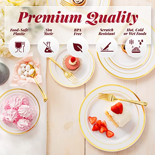 Prestee 350 Pc Disposable Dinnerware Set for 50 Guests - Gold - Reusable Party Supplies Set incl. 50 of Dinner Plates, Salad Plates, Knives, Forks, Spoons and Cups, Wedding Reception Supplies