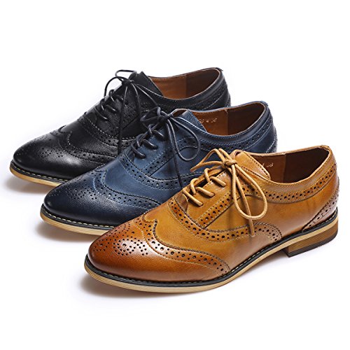 Mona flying Women's Stacked Heel Wingtip Oxfords Ladies Comfortable Lace-up Leather Brogue Shoes Brown-blue