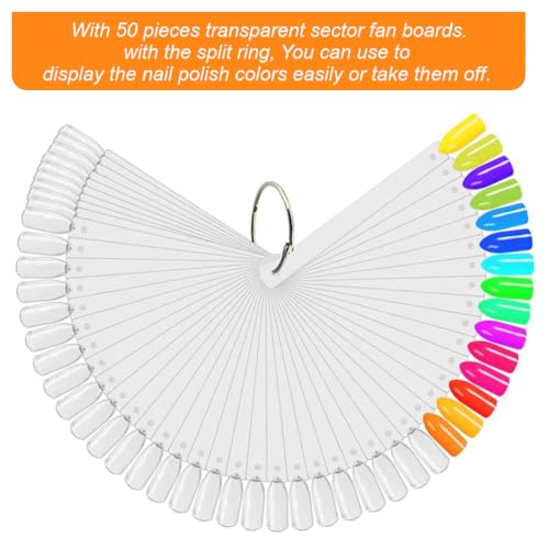 JASSINS 50 Pcs Nail Swatch Sticks with Ring and Numbered Tips - Clear Fan-shaped Display for Nail Art Polish Practice