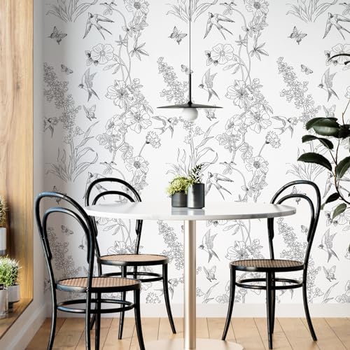 Amiya Black and White Floral Wallpaper Peel and Stick Removable Birds Contact Paper Bedroom 17.3” X 80” Vinyl Self Adhesive Sketch Wall Paper for Cabinets Shelf Liner Living Room Decoration