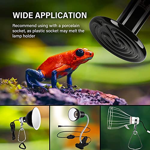 HealSmart Reptile Heat Lamp 100W 2-Pack Ceramic Heat Emitter, No Light Emitting Heat Bulbs for Amphibian Pet Brooder Coop Incubating Chicken, Lizard Bearded Dragon Turtle Snake Terrarium Black