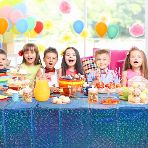 3 Pack Iridescent Blue Plastic Tablecloth, FunnyPars Shiny Disposable Laser Rectangle Table Cover, Holographic Foil Tablecloth Iridescent Party Decorations for Birthday Wedding Ocean Theme, 54x108Inch