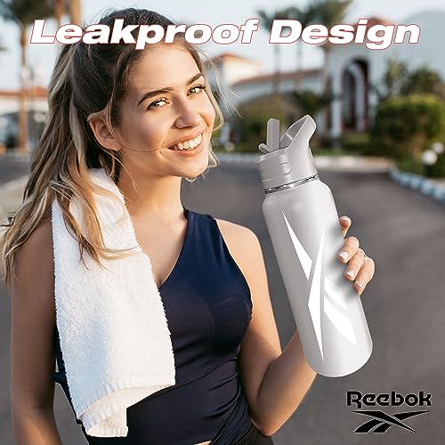 Reebok Stainless Steel Water Bottle With Straw Cap & Athletic Design - 32 oz - Double Wall Vacuum Insulated Sports Water Bottle With Straw, BPA Free (Grey with White Vector)
