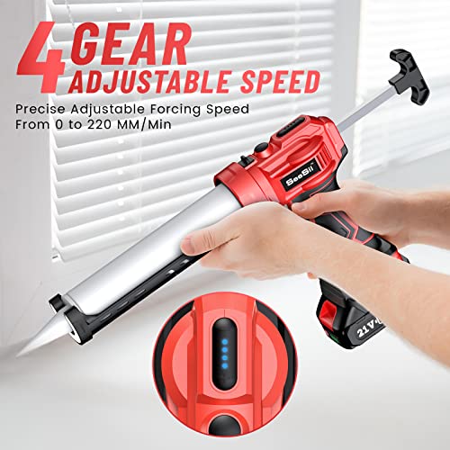 Seesii Cordless Caulking Gun[2024 Upgraded], 21V Battery Powered Caulk Gun w/2 x 2.0AH Batteries, Electric Caulking Gun w/LED Light, 4 Speeds, Auto Retract, Adhesive Gun Kit for Filling, Sealing