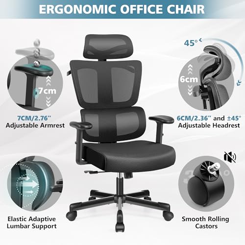 Primy Office Chair Ergonomic Desk Chair, High Back Computer Gaming Chair, Comfy Big and Tall Home Office Chair with Lumbar Support, Breathable Mesh Reclining Chair Adjustable Armrests Headrest (Black)