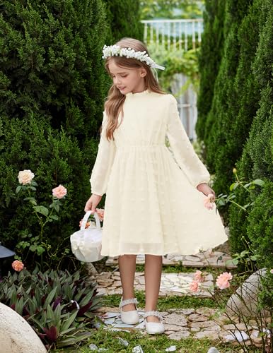 Flypigs Tween Girls Long Sleeve Fall Dresses Swiss Dot Casual Party Dress Hot Pink 7-8Years