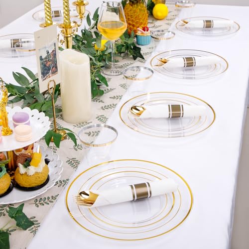 DaYammi 210PCS Clear Gold Plastic Dinnerware Set for 30 Guests, Fancy Disposable Plates for Party, Include: 30 Dinner Plates, 30 Dessert Plates, 30 Pre Rolled Napkins with Gold Silverware, 30 Cups