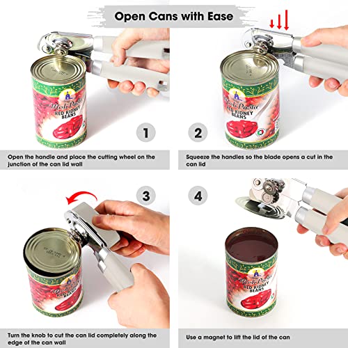 Can Opener Manual, Can Opener with Magnet, Hand Can Opener with Sharp Blade Smooth Edge, Handheld Can Openers with Big Effort-Saving Knob, Can Opener with Multifunctional Bottles Opener, Red