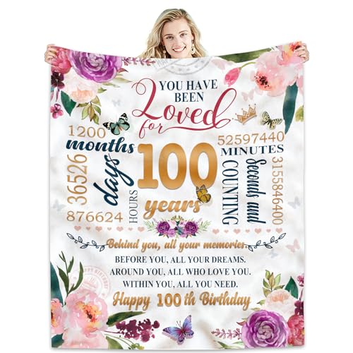 Hcoviv 100th Birthday Gifts Women Blanket 50*60, Happy 100th Birthday Gift Ideas, 100th Birthday Decorations, Gifts for Women Turning 100, Gifts for 100-Year-Old, Best Bday Present 1925 Throw Blanket