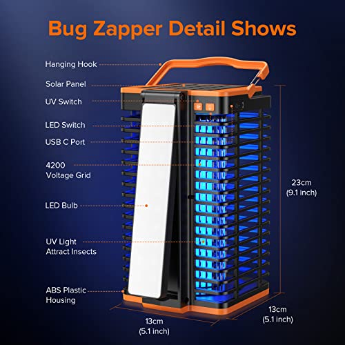 Solar Bug Zapper for Outdoor Indoor, Cordless & Rechargeable Mosquito Zapper with Reading Lamp, 4200V High Powered Mosquito Killer Insect Fly Trap 4000mAh Battery for Home, Patio, Camping