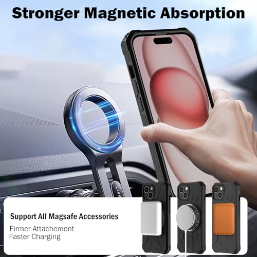 KSWOUS for iPhone 15 Plus Case Magnetic with Stand, [Compatible with MagSafe] Military Shockproof Cover Protective Rugged Phone Case, Built in 360° Rotatable Ring Kickstand, Black