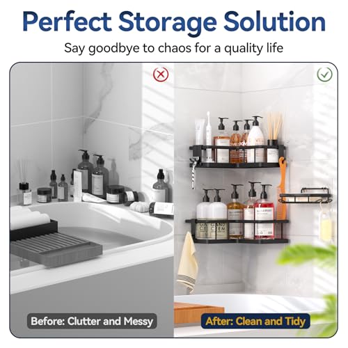 YASONIC 2024 New Corner Shower Caddy, 3-Pack Shower Organizer Corner with Soap Holder and 4 Removable Hooks, Rustproof Corner Shower Shelves, No Drilling Shower Shelf for Inside Shower, Black