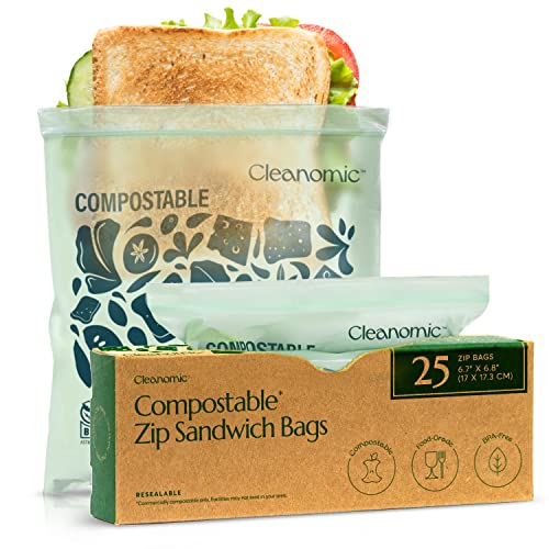 Cleanomic Compostable* Food Storage Bag Bundle – 1 Box Each of 25 Zip Quart Bags, 25 Zip Sandwich Bags, 50 Zip Snack Bags, and 25 13-Gallon Kitchen Waste Bags