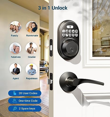 Veise Keyless Entry Door Lock with 2 Lever Handles - Electronic Keypad Deadbolt, Auto Lock, Back Lit & Easy Installation Design, Front Door Handle Sets, Matte Black