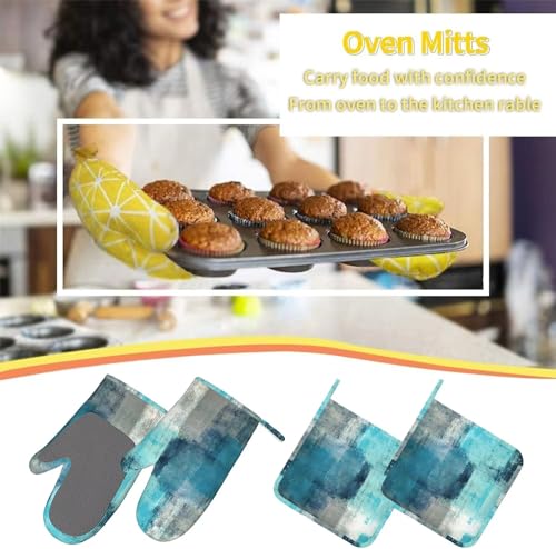 BOKEKANG Modern Art Abstract Gery Turquoise Oven Mitts and Pot Holders With Apron Set of 5 Silicone Teal Kitchen Mitten Gloves and Non-Slip Teal Potholders Cooking Apron Set Heat Resistant for Kitchen