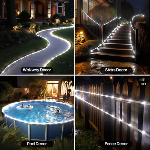 ICRGB Solar Rope Lights, 39FT 120LED Outdoor Solar Powered String Lights, IP67 Waterproof, 8 Modes, Dimmable and Timer, Remote Control Solar Lights for Outside Patio Porch Garden Pool Decor, White