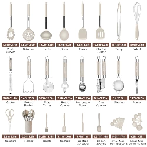 Kitchen Utensils Set-Silicone Cooking Utensils-32pcs Non-Stick Silicone Cooking Kitchen Utensils Spatula Set with Holder-Best Kitchen Cookware with Stainless Steel Handle (Khaki)