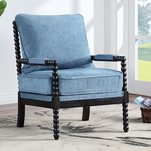 DUHOME Linen Fabric Spindle Accent Chair with Wood Frame,Modern Accent Spool Chairs with Padded Spring Seat and Brushed Blue Base for Living Room Bedroom Farmhouse Home Office Belcony