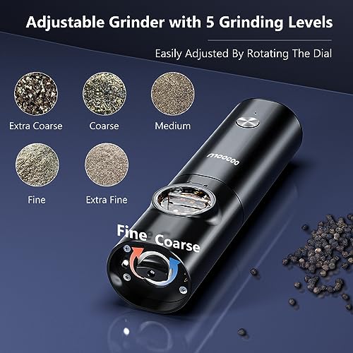 Electric Salt and Pepper Grinder Set with Rechargeable Base & LED Light - Upgraded Automatic Refillable Pepper Mill Shakers - Adjustable Coarseness, One-Hand Operation for Kitchen(2 Pack, Black&Black)