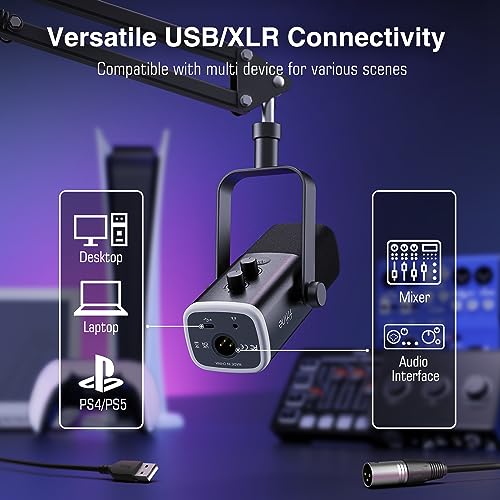 FIFINE XLR/USB Gaming Microphone Set, Dynamic PC Mic for Streaming Podcasting, Computer RGB Mic Kit with Boom Arm Stand, Mute Button, Headphones Jack, for Recording Vocal Voice-Over-AmpliGame AM8T