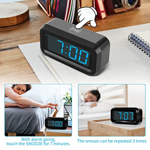 KWANWA Alarm Clock, Digital Clock, Constantly 1.2'' LED Blue Digits Display, Battery Powered, Snooze, Small Wall Clock, Desk Clock, Clock for Bedroom, Alarm Clock for Heavy Sleepers