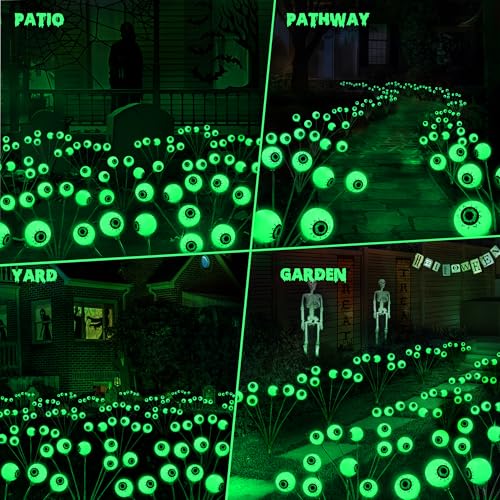 BrizLabs Solar Halloween Lights, 2 Pack 12 LED Halloween Eyeball Lights, 2 Modes Outdoor Halloween Lights, Swaying Eye Firefly Pathway Lights, Green Halloween Solar Lights for Path Yard Garden Lawn