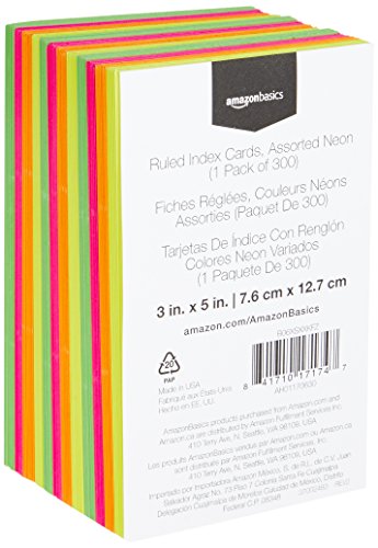 Amazon Basics Ruled Index Flash Cards, Assorted Neon Colored, 4x6 Inch, 300-Count