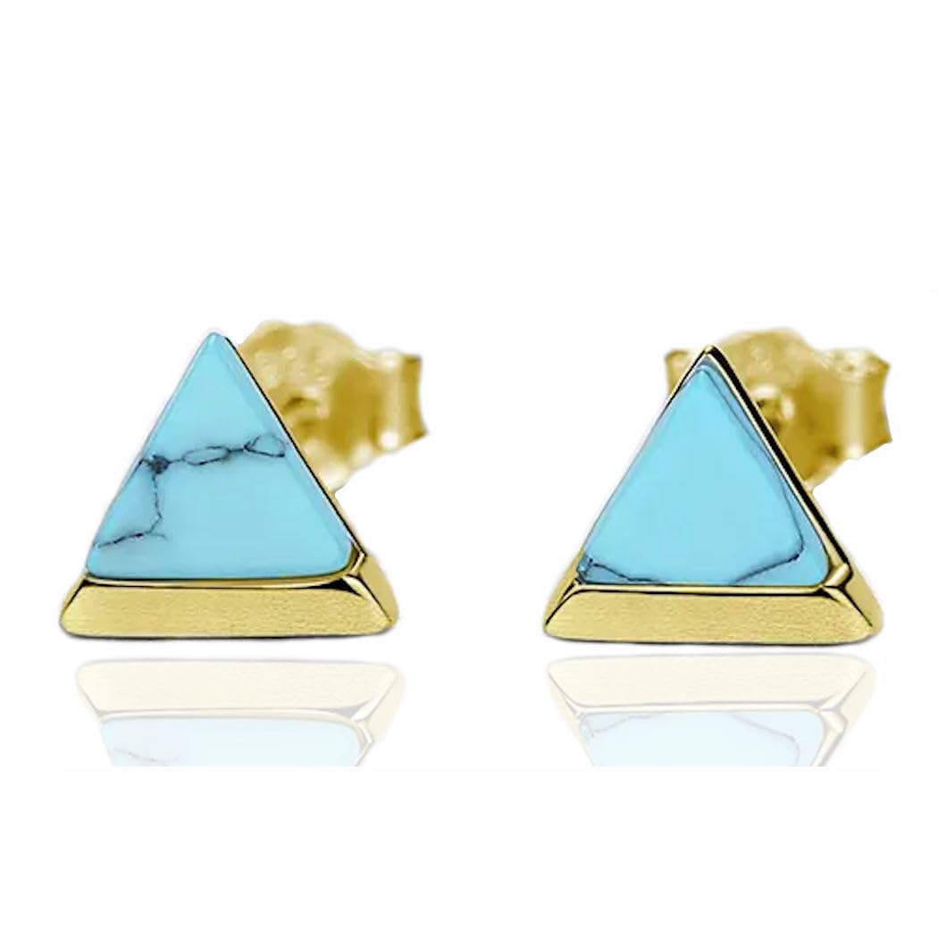 Dainty Minimalist Turquoise Stud Earrings 925 Sterling Silver Gold Plated & Natural Stone Women's Earrings Tiny Studs Triangle Shape - Hypoallergenic Safe for Sensitive Ears - USA HANDMADE (Gold)