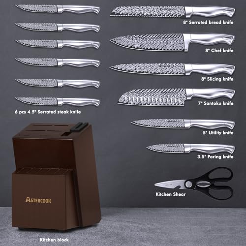 Knife Set, 15 Pieces Kitchen Knife Block Set with Built in Knife Sharpener Block, Dishwasher Safe, German Stainless Steel, Best Gift, Silver