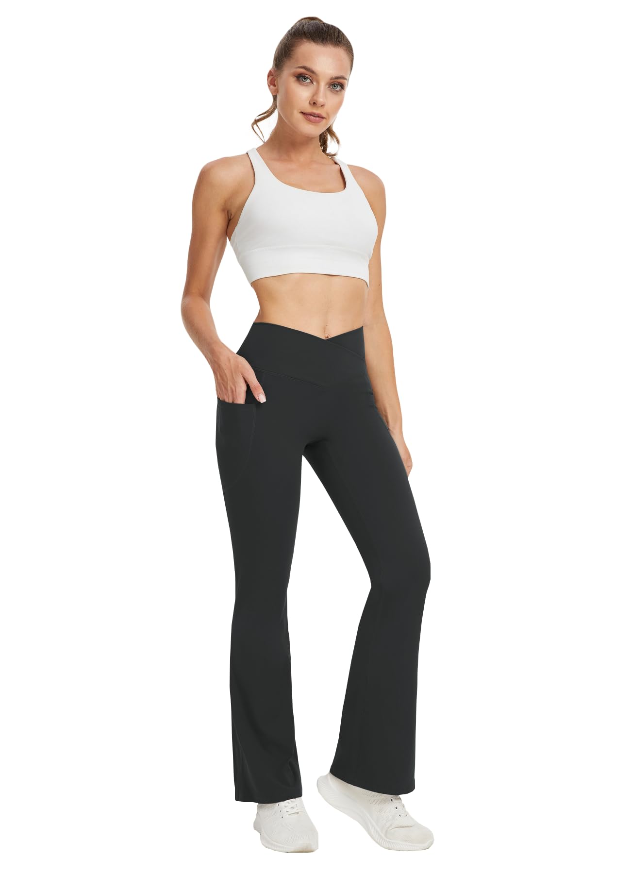 DLOODA Women's Yoga Pants with Pockets No Front Seam Crossover High Waisted Flare Leggings Tummy Control Bootcut Pants (Black S)