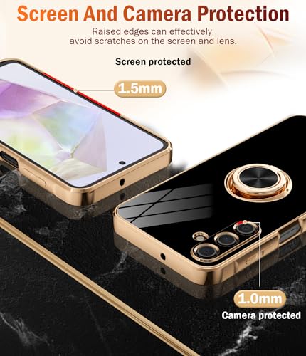 Jasmeas for Samsung Galaxy A35 5G Case with Screen Protector [2 Pack], 360° Rotatable Ring Holder Plating Rose Gold Edge Magnetic Kickstand Women Men Protective Cover for Samsung A35 5G Case Black