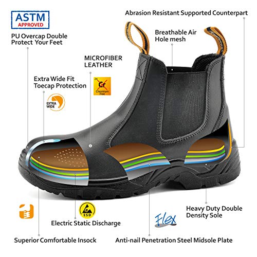 Mens Work Boots Steel Toe Chelsea Safety Boots Cow Leather Waterproof Lightweight Working Shoes