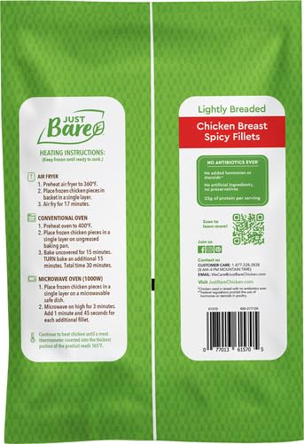 Just Bare® Chicken Lightly Breaded Spicy Breast Fillets | Fully Cooked |22 G Protein | Frozen |1.50 LB