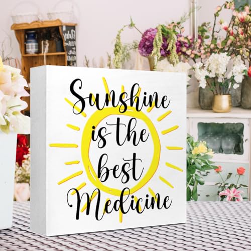 Rustic Spring Wood Block Signs,Sunshine is The Best Medicine Wooden Box Sign for Home Shelf Bedroom Tabletop Desk Decor,Farmhouse Sign Decor