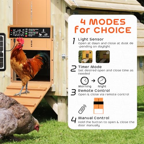 Asfrost Automatic Chicken Coop Door Solar Powered Automatic Chicken Door with Timer & Light Sensor, Anti-Pinch, Durable Aluminum Auto Chicken Door, Charge with Solar Panel & USB - Brown