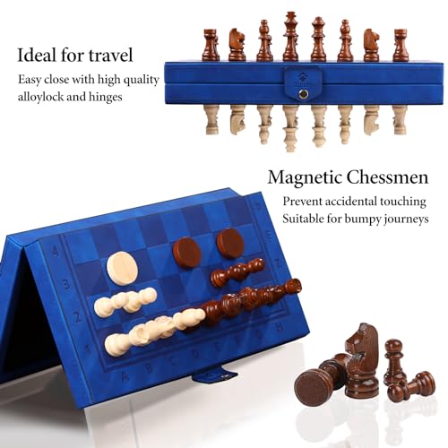 Rinten 2 in 1 Magnetic Chess Set & Checkers Board Game, 12" Handmade Folding Chess Board, Portable Travel Chess Set, Beginner Chess Board Game for Adults & Kids