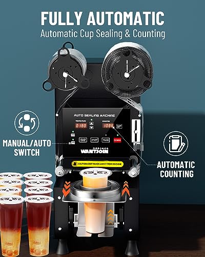 WantJoin Cup Sealing Machine Full Automatic Cup Sealer Machine 90/95mm Electric Cup Sealing Machine 500-600 Cups/H Digital Control LCD Panel Cup Sealer for Bubble Milk Tea Coffee Black