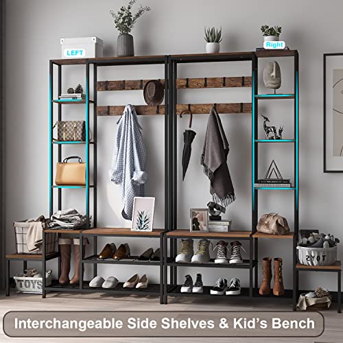 Espelism Hall Tree with Shoe Storage Bench Coat Rack with 7 Hooks Interchangeable 4 Tier Side Storage Shelves Small Cute Side Bench Industrial 5-in-1 Entryway Coat Rack for Hallway Mudroom Bedroom
