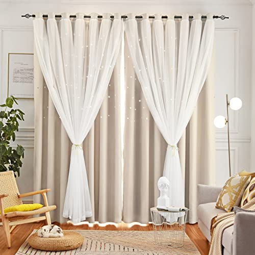Loyala Star Curtains - Blackout & Rainbow Kids Bedroom Curtains, 63 Inch Long, 2 Panels, Beige, Blue & Pink