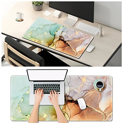 ARTSO Large Gaming Mouse Pad Extended Desk Pad XL Keyboard Mat Long Mousepad Decor Writing Pad 31.5x15.7inch Non Slip Rubber Base with Stitched Edges for Work, Game -White Gold Marble