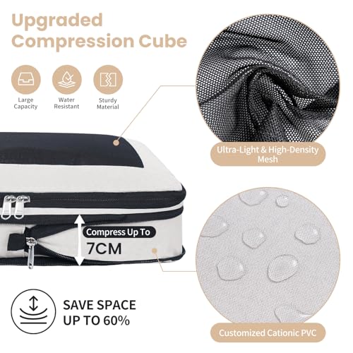 Prezon 8 Set Compression Packing Cubes for Suitcases, Full Open & Visible Design, Luggage Organizer Bags Set for Carry on, Travel Essentials Travel Gifts for Women with Laundry Bag and Shoe bag Cream