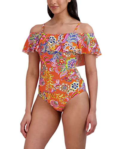 BCBGMAXAZRIA Women's Standard One Piece Swimsuit Off The Shoulder Tummy Control Quick Dry Bathing Suit, Dream Orange