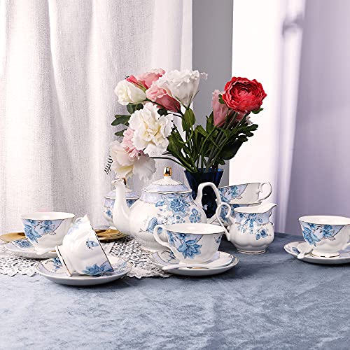 fanquare Blue Flowers Porcelain Tea Set, Tea Cup and Saucer Set Service for 6, Wedding Tea Set with Sugar Bowl Cream Pitcher, Floral Coffee Set for Tea Party